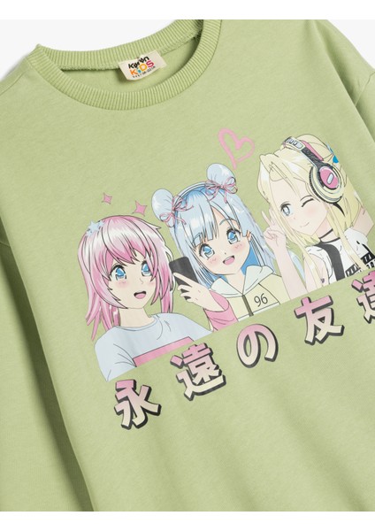 Sweatshirt Anime Baskılı Uzun Kollu Bisiklet Yaka Pamuklu Şardonlu