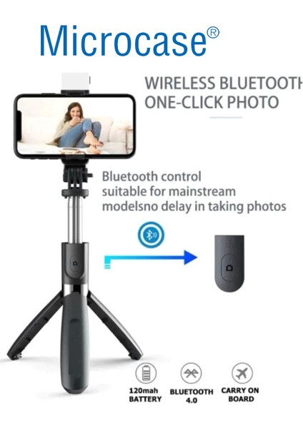 N09S Telefonlar Için Işıklı Kablosuz Bluetooth Selfie Çubuğu 90 cm - AL4641