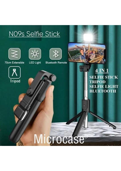 N09S Telefonlar Için Işıklı Kablosuz Bluetooth Selfie Çubuğu 90 cm - AL4641