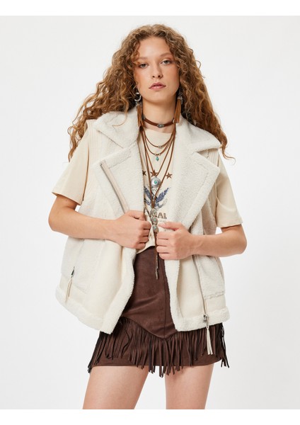 Suni Deri Biker Yelek Uzun Kolsuz Fermuarlı Ters Peluş Yaka