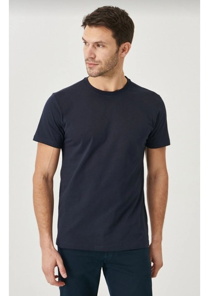 Erkek %100 Pamuk Slim Fit Dar Kesim Bisiklet Yaka Kısa Kollu Lacivert