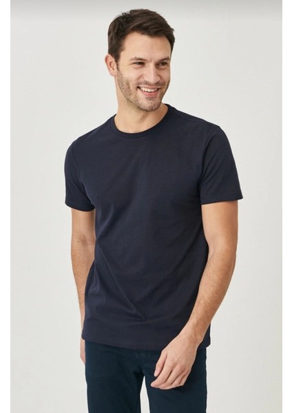 Erkek %100 Pamuk Slim Fit Dar Kesim Bisiklet Yaka Kısa Kollu Lacivert fiyatları