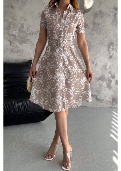 Kemerli Gömlek Yaka Viskon Elbise