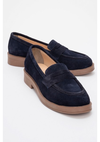 Pline Lacivert Süet Hakiki Deri Kadın Loafer Ayakkabı