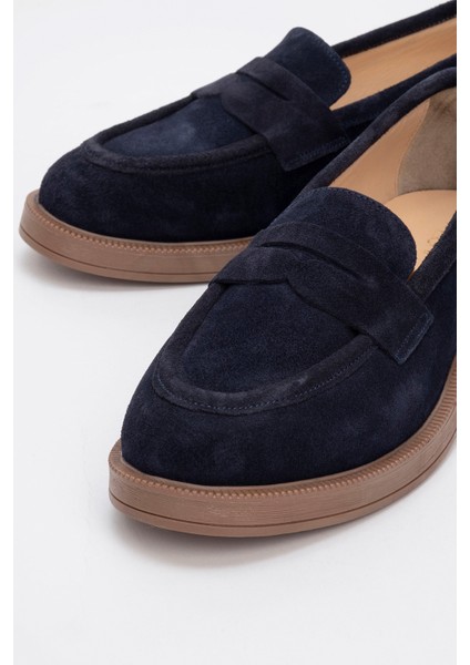 Pline Lacivert Süet Hakiki Deri Kadın Loafer Ayakkabı modelleri