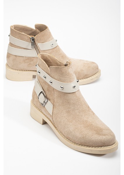 Kadın Ten Süet Termo Taban Tokalı Yanı Fermuarlı Kısa Topuklu Bot