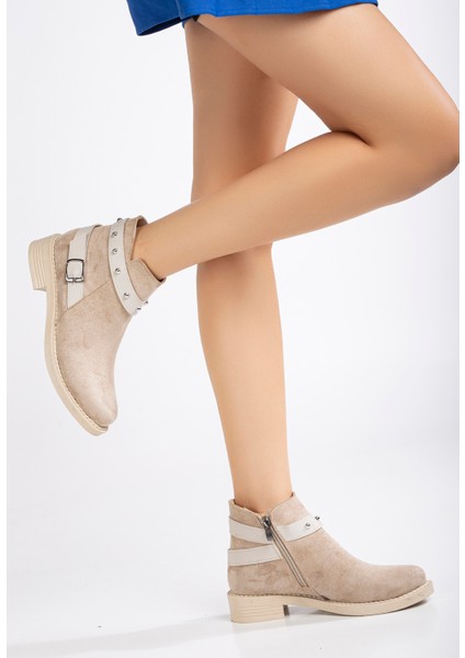 Kadın Ten Süet Termo Taban Tokalı Yanı Fermuarlı Kısa Topuklu Bot fiyatları