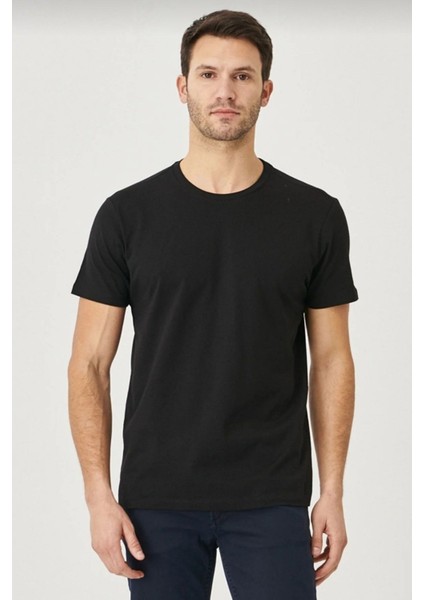 Erkek %100 Pamuk Slim Fit Dar Kesim Bisiklet Yaka Kısa Kollu Siyah