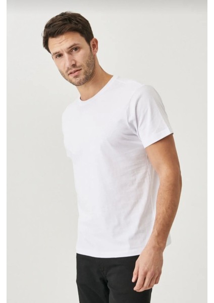 Erkek %100 Pamuk Slim Fit Dar Kesim Bisiklet Yaka Kısa Kollu Beyaz