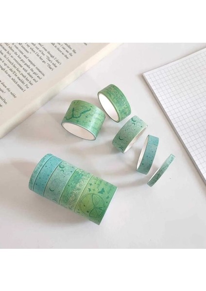 Vintage Washi Tape Bant Baskılı Yapışkanlı Maskeleme Kağıdı, Desenli Bant 10 Lu - Kelebek Yazı