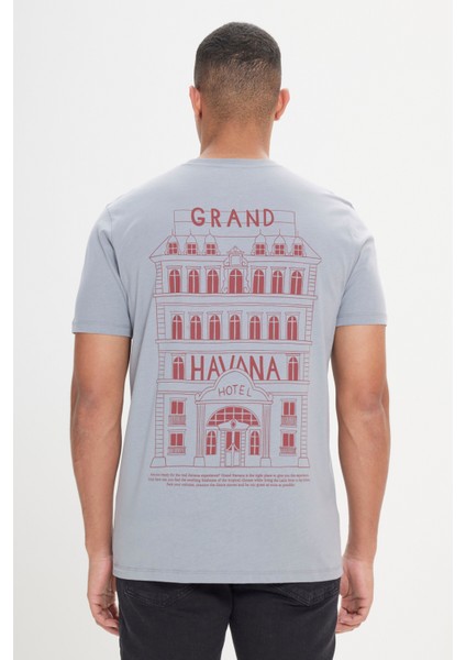 Erkek Gri Standart Fit Normal Kesim %100 Pamuk Baskılı Bisiklet Yaka Tişört