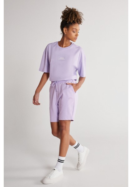 Unisex Lila Standart Fit Normal Kesim Pamuklu Cepli Esnek Örme Şort