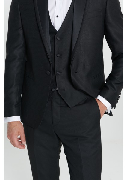 Slim Fit Dar Kesim Kırlangıç Yaka Desenli Yelekli Smokin Takım
