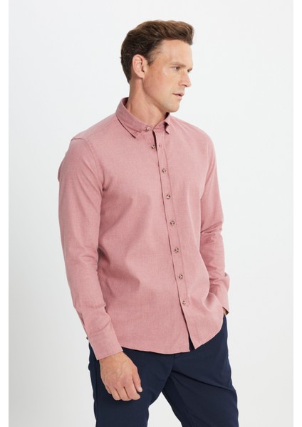 Erkek Bordo Slim Fit Dar Kesim Düğmeli Yaka Flanel Oduncu Kışlık Gömlek