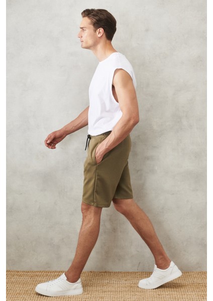 Erkek Haki Standart Fit Günlük Rahat Spor Örme Şort