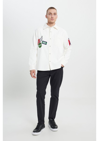 Erkek Ekru Oversize Fit Bol Kesim Klasik Yaka Kareli Gömlek