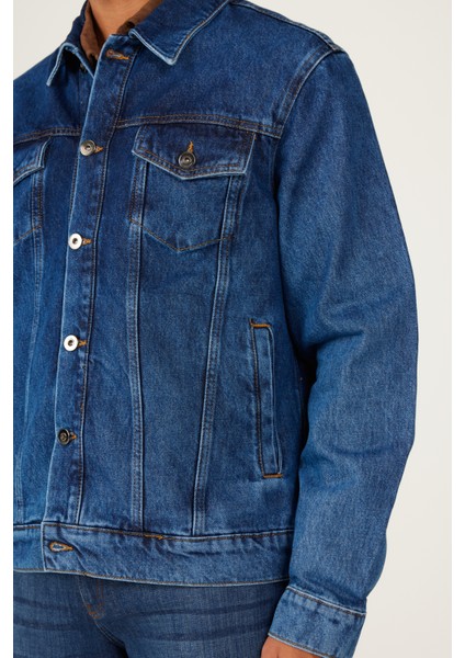 Erkek Lacivert Standart Fit Normal Kesim %100 Pamuk Denim Jean Ceket indirimleri