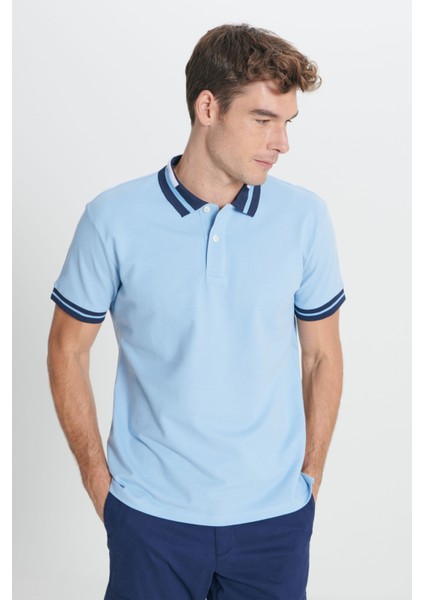 AC&Co / Altınyıldız Classics Erkek Açık Mavi Slim Fit Dar Kesim %100 Pamuk Kıvrılmaz Polo Yaka Tişört