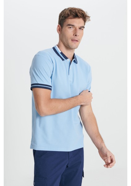 AC&Co / Altınyıldız Classics Erkek Açık Mavi Slim Fit Dar Kesim %100 Pamuk Kıvrılmaz Polo Yaka Tişört