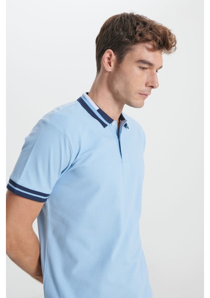 AC&Co / Altınyıldız Classics Erkek Açık Mavi Slim Fit Dar Kesim %100 Pamuk Kıvrılmaz Polo Yaka Tişört