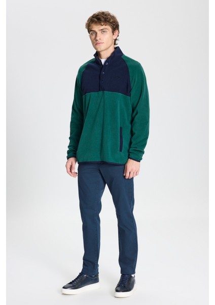 Erkek Yeşil-lacivert Standart Fit Normal Kesim Dik Bato Yaka Desenli Polar Sweatshirt