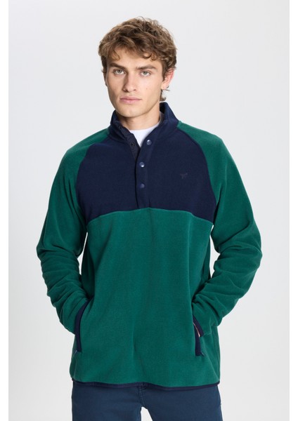 Erkek Yeşil-lacivert Standart Fit Normal Kesim Dik Bato Yaka Desenli Polar Sweatshirt fiyatları