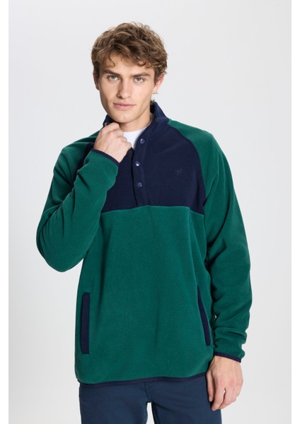 Erkek Yeşil-lacivert Standart Fit Normal Kesim Dik Bato Yaka Desenli Polar Sweatshirt modelleri