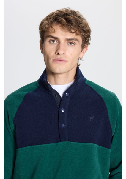 Erkek Yeşil-lacivert Standart Fit Normal Kesim Dik Bato Yaka Desenli Polar Sweatshirt fırsatları