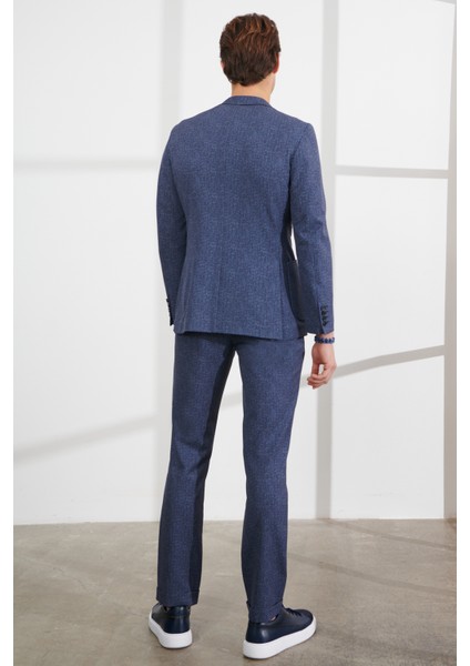 ALTINYILDIZ CLASSICS Erkek Lacivert-beyaz Slim Fit Dar Kesim Mono Yaka Desenli Seyahat Çantalı Takım Elbise