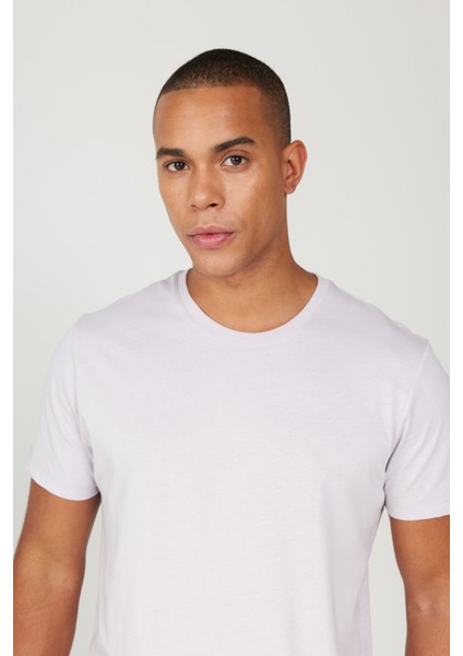 Erkek Lila Slim Fit Dar Kesim %100 Pamuk Bisiklet Yaka Tişört