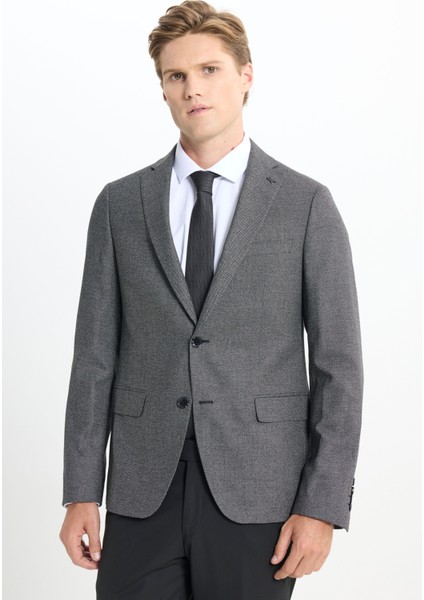 Slim Fit Dar Kesim Mono Yaka Kuş Gözü Desenli Çift Pantolonlu Takım Elbise