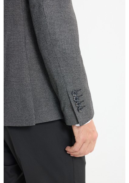 Slim Fit Dar Kesim Mono Yaka Kuş Gözü Desenli Çift Pantolonlu Takım Elbise