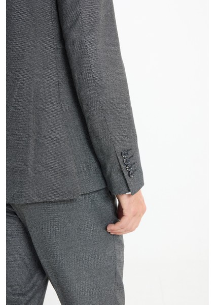Slim Fit Dar Kesim Mono Yaka Kuş Gözü Desenli Çift Pantolonlu Takım Elbise