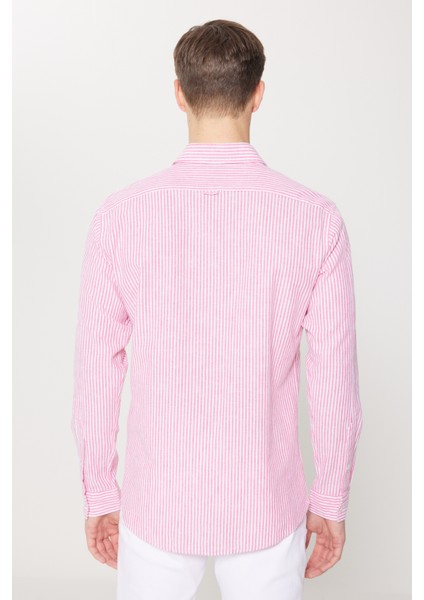 Slim Fit Dar Kesim Pamuk Keten Klasik Yaka Çizgili Gömlek
