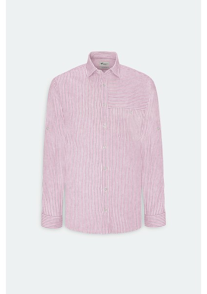 Slim Fit Dar Kesim Pamuk Keten Klasik Yaka Çizgili Gömlek