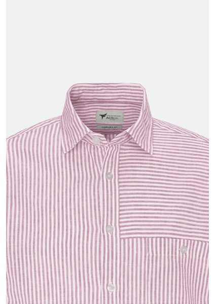 Slim Fit Dar Kesim Pamuk Keten Klasik Yaka Çizgili Gömlek