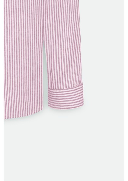 Slim Fit Dar Kesim Pamuk Keten Klasik Yaka Çizgili Gömlek