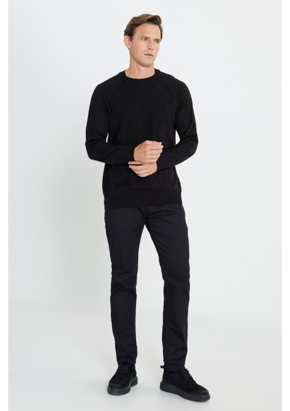 ALTINYILDIZ CLASSICS Erkek Siyah Standart Fit Normal Kesim Bisiklet Yaka Jakarlı Triko Kazak