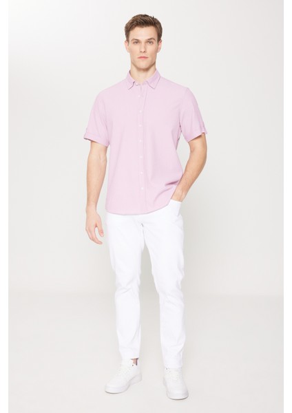 Erkek Lila Slim Fit Dar Kesim Gizli Düğme Yaka Kısa Kollu Gömlek
