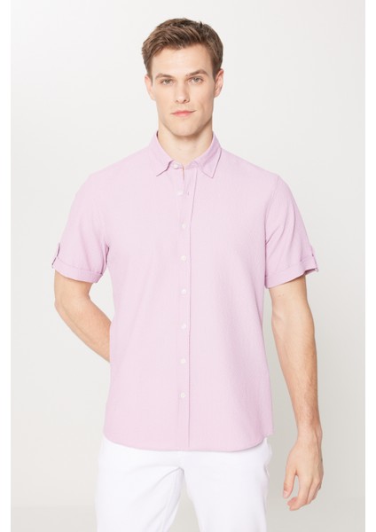 Erkek Lila Slim Fit Dar Kesim Gizli Düğme Yaka Kısa Kollu Gömlek fiyatları