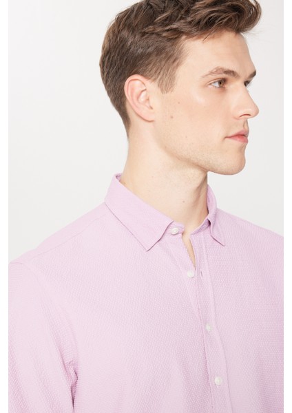 Erkek Lila Slim Fit Dar Kesim Gizli Düğme Yaka Kısa Kollu Gömlek modelleri