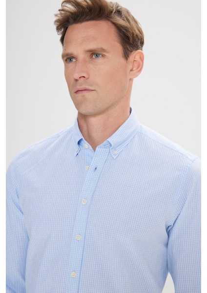 ALTINYILDIZ CLASSICS Erkek Beyaz-Mavi Comfort Fit Rahat Kesim Düğmeli Yaka Pamuklu Kareli Gömlek fiyatları