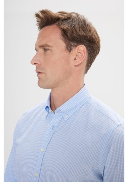 ALTINYILDIZ CLASSICS Erkek Beyaz-Mavi Comfort Fit Rahat Kesim Düğmeli Yaka Pamuklu Kareli Gömlek modelleri