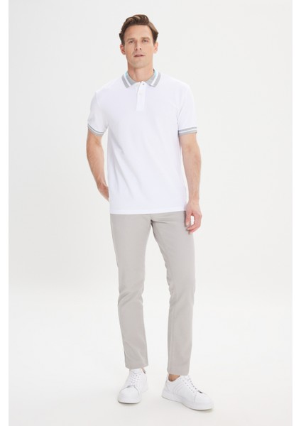 Erkek Beyaz Slim Fit Dar Kesim %100 Pamuk Kıvrılmaz Polo Yaka Tişört