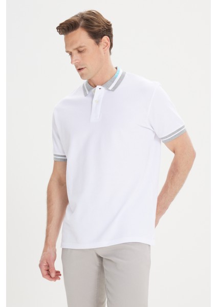 Erkek Beyaz Slim Fit Dar Kesim %100 Pamuk Kıvrılmaz Polo Yaka Tişört