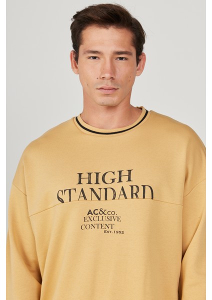 Erkek Hardal Oversize Bol Kesim Içi Polarlı 3 Iplik Bisiklet Yaka Pamuklu Sweatshirt