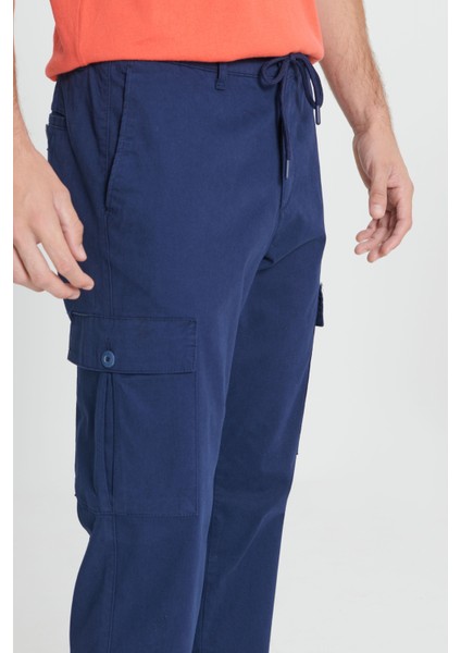 Erkek Lacivert Comfort Fit Rahat Kesim Pamuklu Esnek Yan Cepli Kargo Pantolon fırsatları