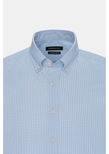 ALTINYILDIZ CLASSICS Erkek Beyaz-Mavi Comfort Fit Rahat Kesim Düğmeli Yaka Pamuklu Kareli Gömlek