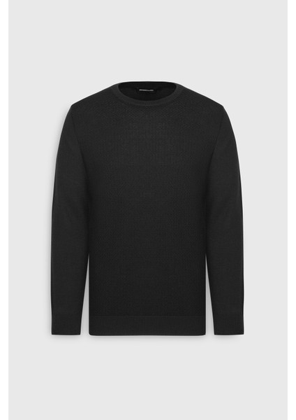 Pamuklu Standart Fit Normal Kesim Bisiklet Yaka Jakarlı Triko Siyah Kazak