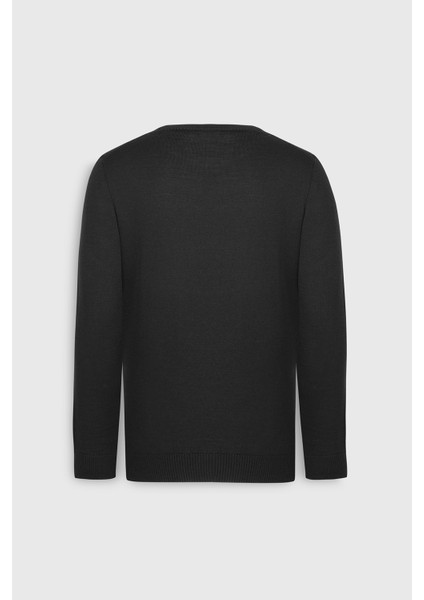 Pamuklu Standart Fit Normal Kesim Bisiklet Yaka Jakarlı Triko Siyah Kazak